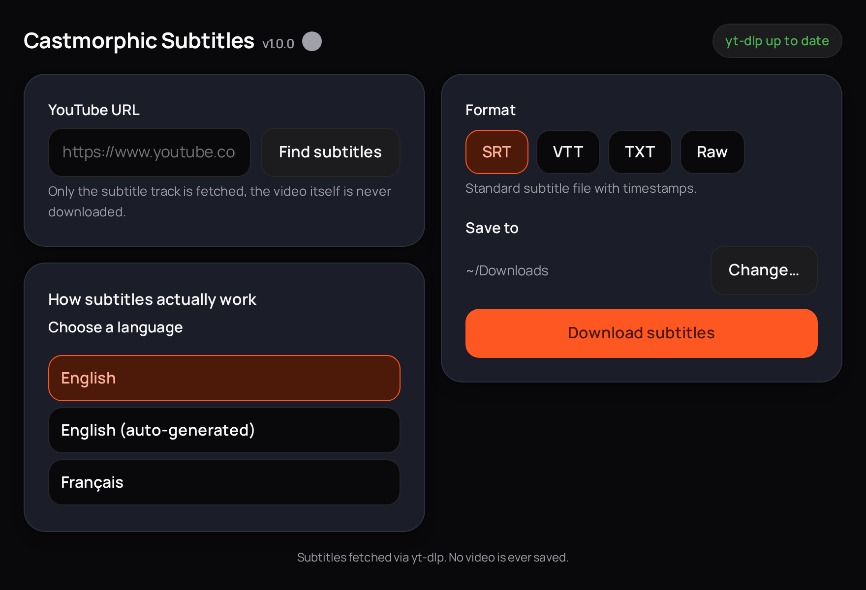 Castmorphic Subtitles showing a fetched video's language list on the left and format picker with an SRT, VTT, TXT, and Raw choice on the right